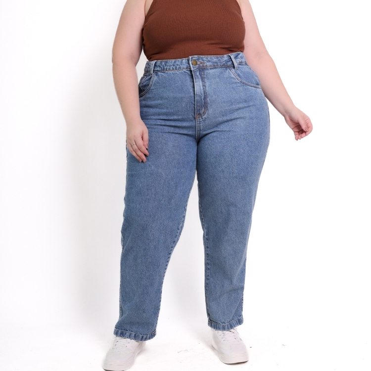 INFINITO MODA Calça Jeans Mom Básica Plus Size Cintura Alta Casual