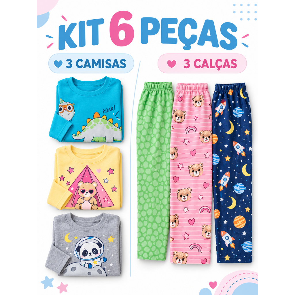 Kit 3 Pijamas Infantis Manga Longa 6 Peças 100% Algodão Estampa Brilha no Escuro Feminino Masculino Sortidos