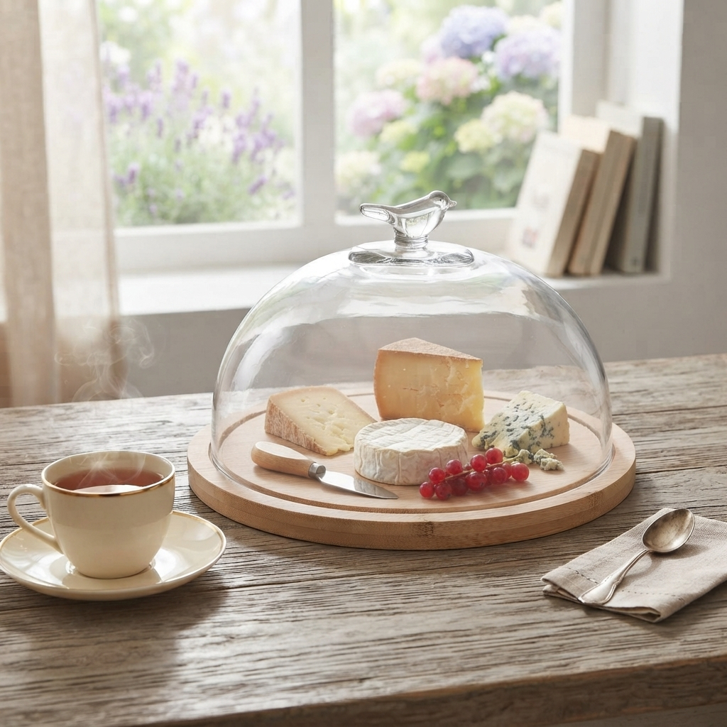 Queijeira Wolff Bird com Tampa de Vidro e Base de Bambu 20cm Porta Queijo para Frios e Petiscos Mesa Posta Café da Manhã