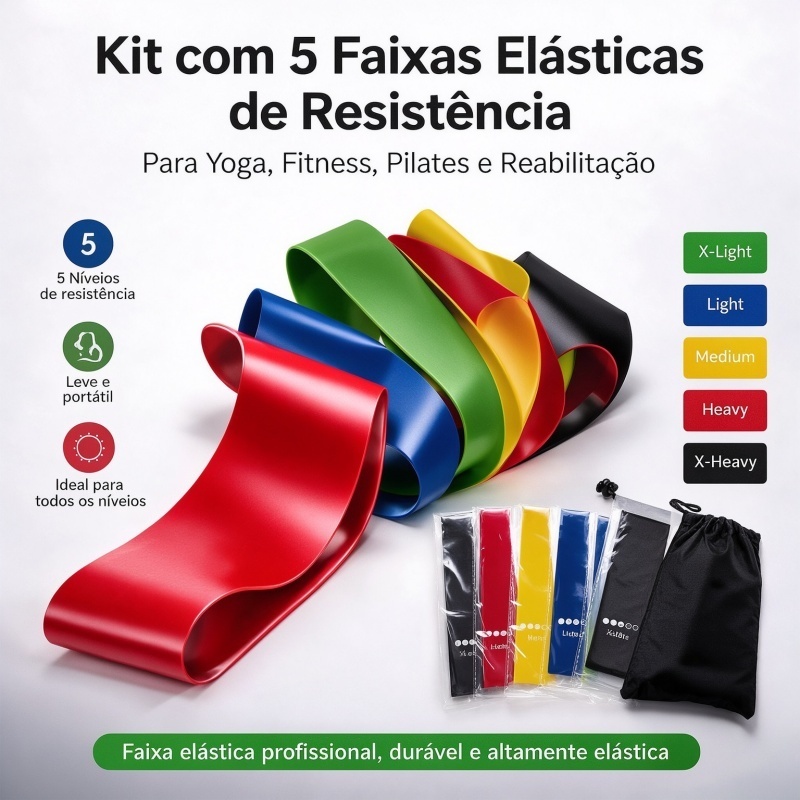 Kit com 5 Faixas Elásticas de Resistência para Yoga, Treino de Glúteos, Pernas e Reabilitação Muscular