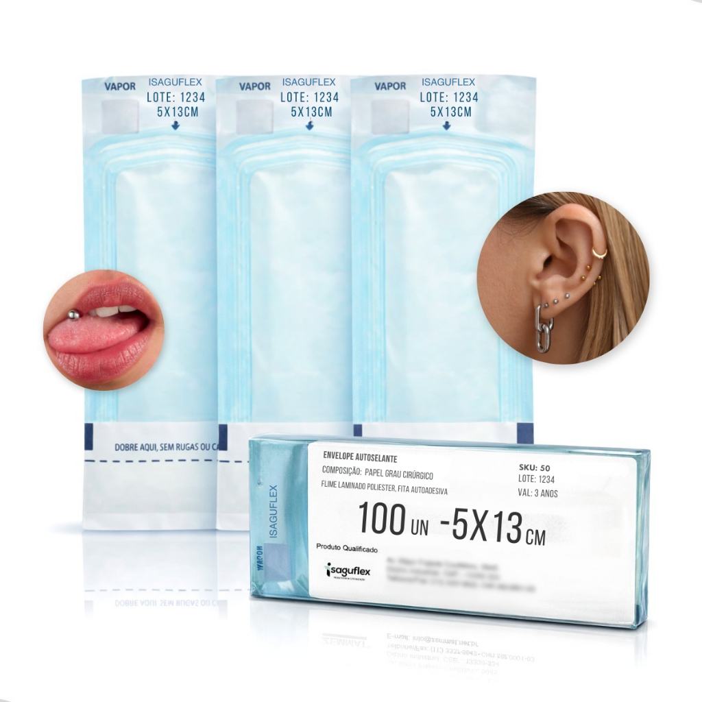 Envelope Esterilização em Autoclave Piercing Limas Brocas Brincos 5x13 100 Unidades