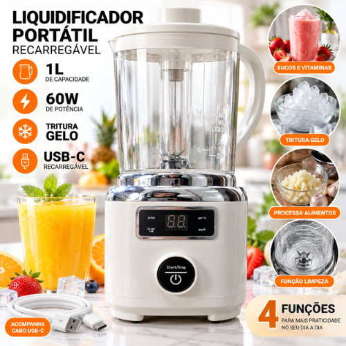 Liquidificador Portátil Recarregável 1L USB-C 60W 3 Lâminas Tritura Gelo 4 Funções para Sucos Vitaminas e Shakes Potente