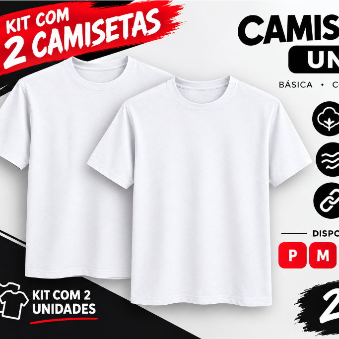 KIT 2 CAMISETAS BRANCA BASICA MASCULINA FEMININA ALGODÃO 30.1 P M G GG G1 G2 G3