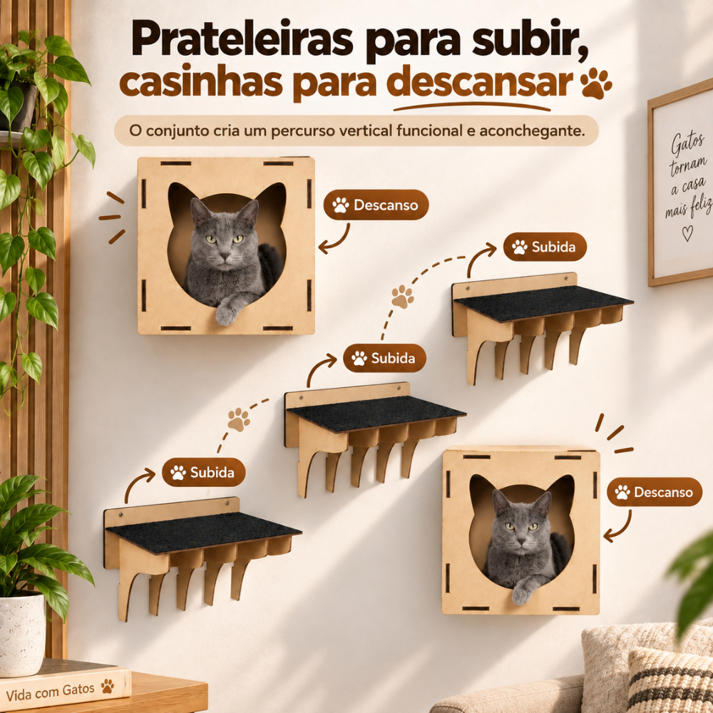Kit de parede para gatos com nichos suspensos, prateleiras e carpete preto.