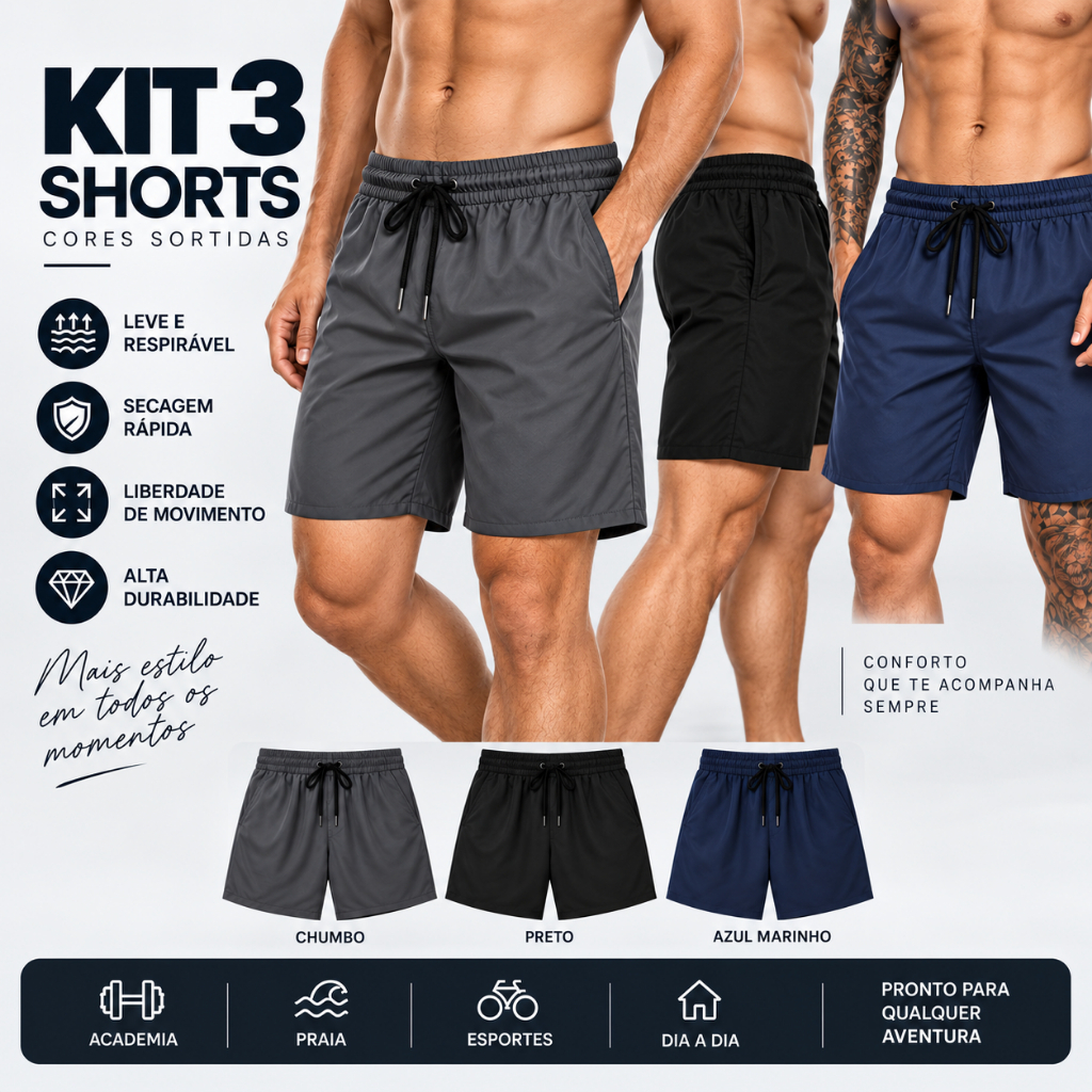Kit 3 Shorts Masculino Tactel com Elastano Academia Treino Corrida Esportivo com Bolsos