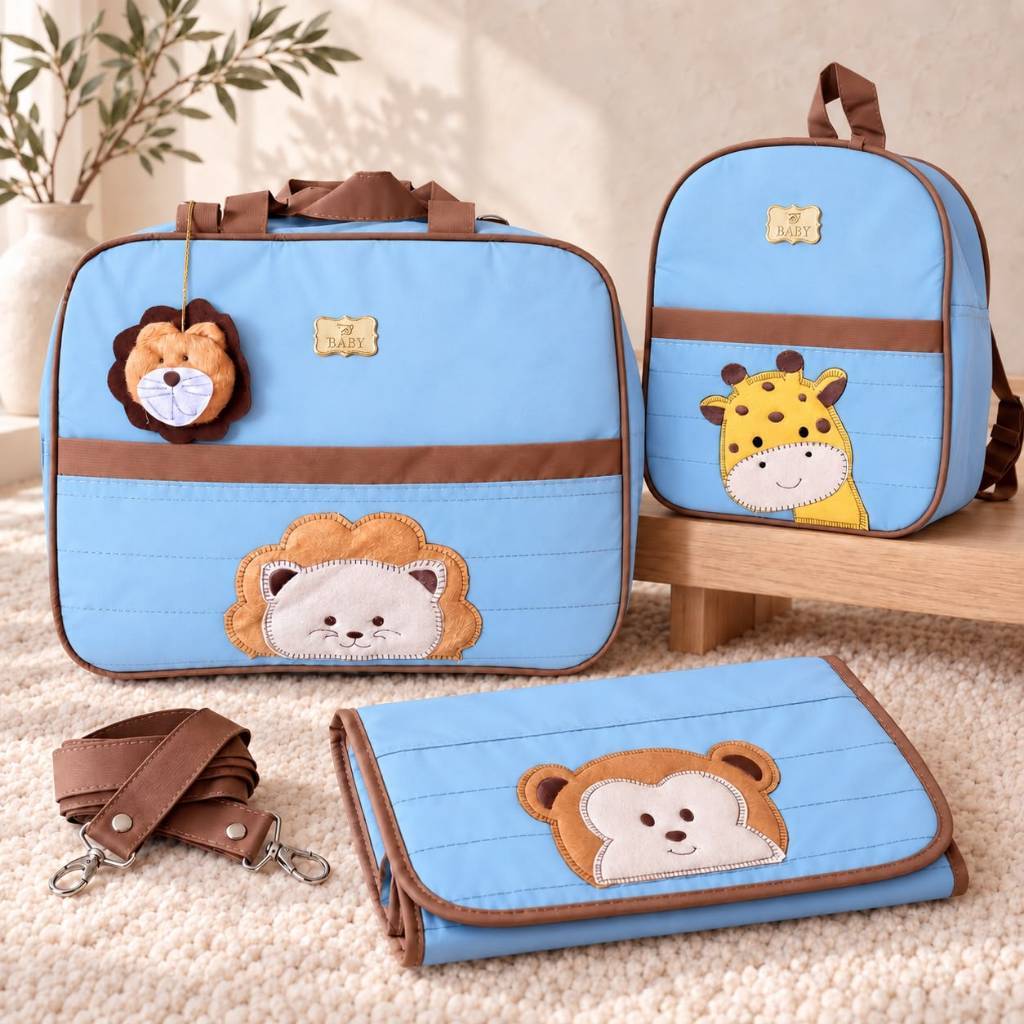 Kit Bolsas de Bebê Maternidade Com 3 Peças Família Bichinhos Safari
