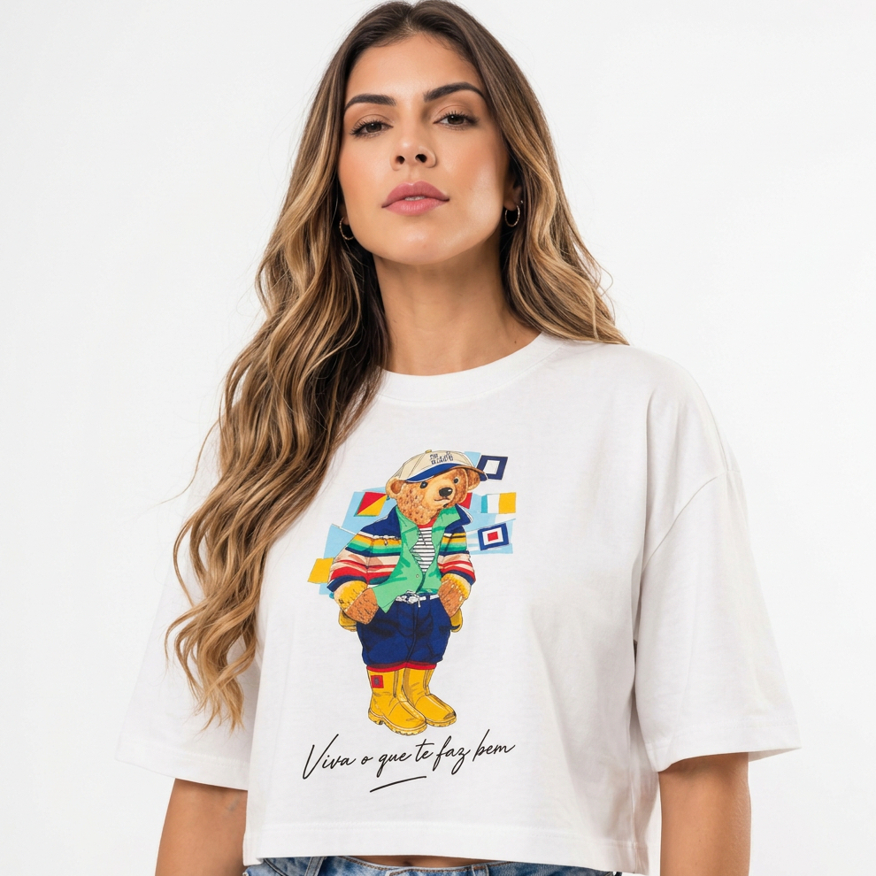 Blusa Cropped Feminino 100% Algodão Oversized Estampa Ursinho Básico Confortável Promoção