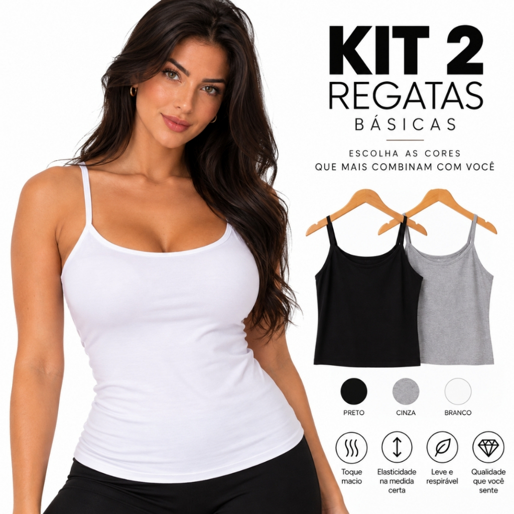 Kit 2 Regatas Femininas de Alcinha Viscose Premium com Elastano P ao G5 Plus Size Básica Lisa