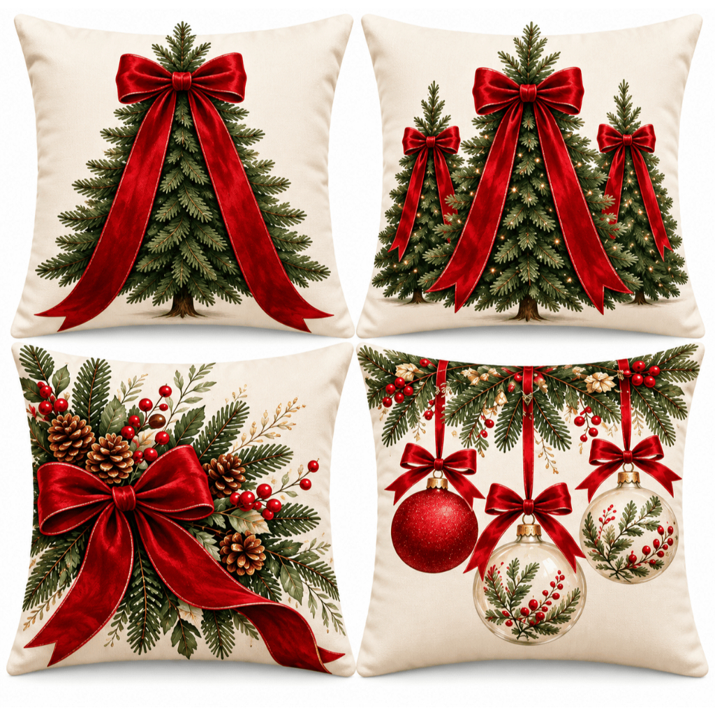 Kit c/ 4 Capas De Almofada Decorativas Natalinas 45x45cm - Natal Árvore Laço
