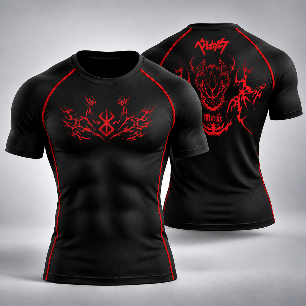 Camiseta Compressao Costura Inversa Apertada Masculina Moda Fitness Berserk Guts Knight Black Armor Anime Gym Academia