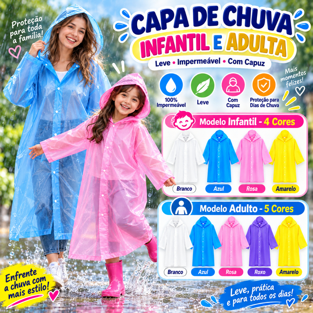 Capa de Chuva Adulto Infantil Impermeável com Capuz Unissex Reutilizável Transparente
