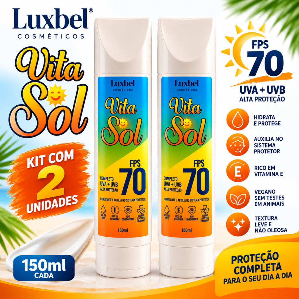 2 UND - PROTETOR SOLAR VITA SOL 70 FPS TOQUE SECO - 150 ML - LUXBEL