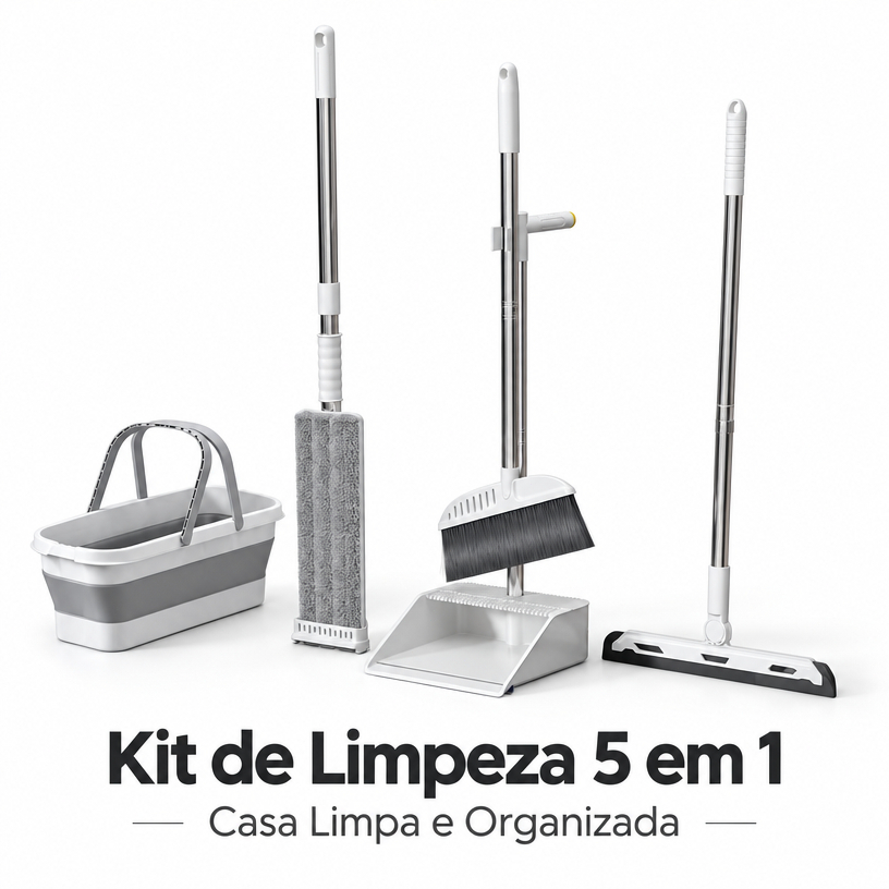 Kit 5 de Limpeza Mop Vassoura Pá Rodo e Balde Retrátil Dobrável -S7/S5