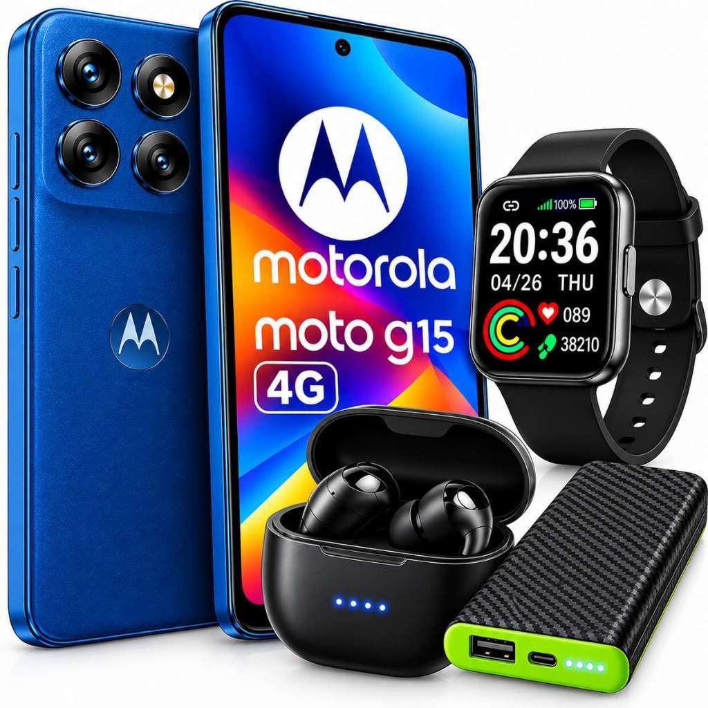 Smartphone Moto G15 256GB 12GB RAM NFC 50MP DUAL SIM+ Carregador Portatil + Fone  Bluetooth + Relógio Smartwatch