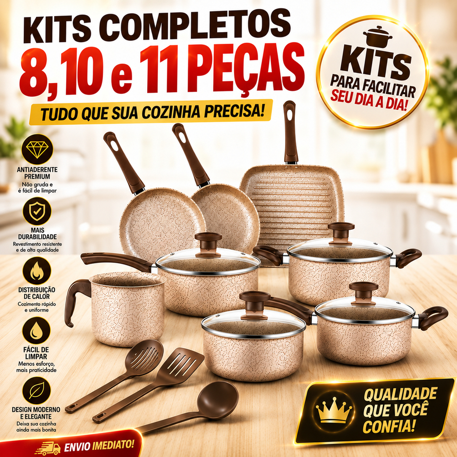 Jogo de Panelas Antiaderente, Kit com 8, 10 ou 11 Peças - Com Tampas de Vidro e Utensílios