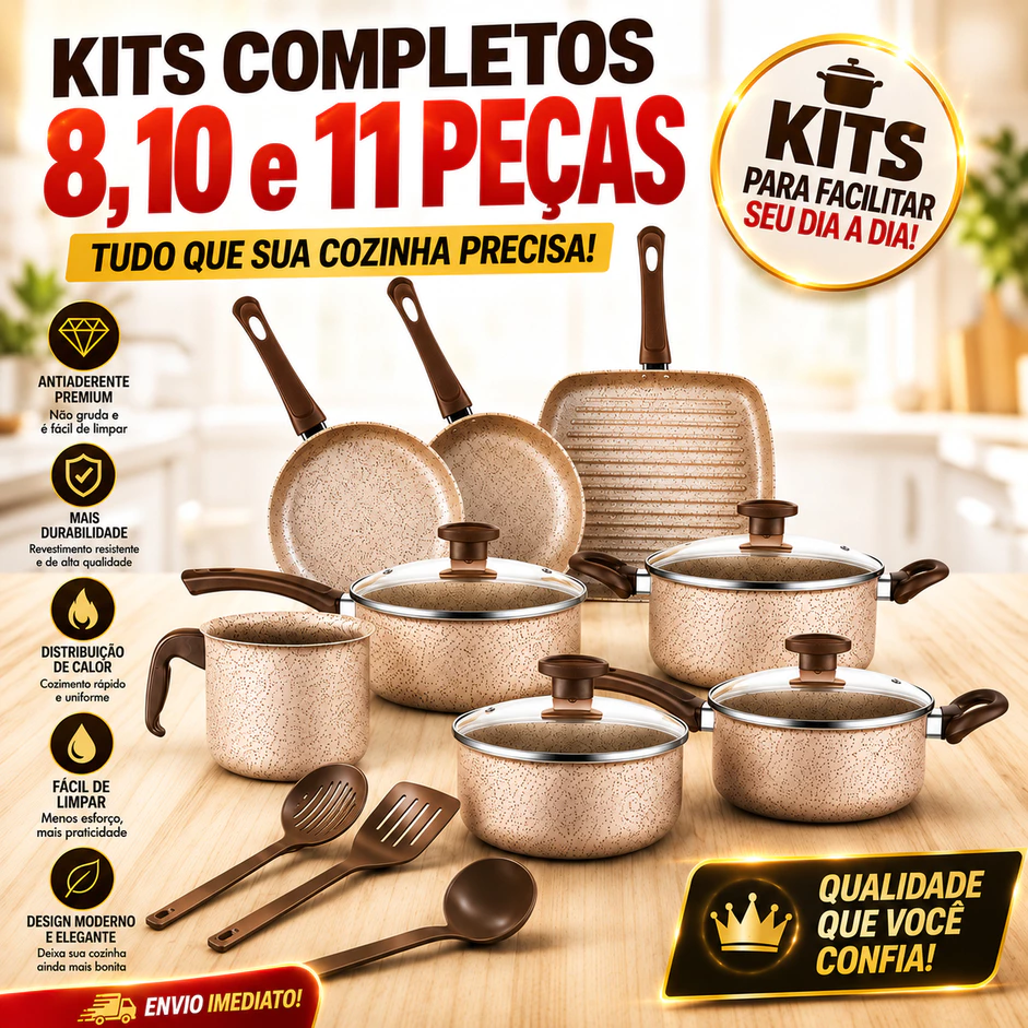 Jogo de Panelas Antiaderente, Kit com 8, 10 ou 11 Peças - Com Tampas de Vidro e Utensílios — imagem 1