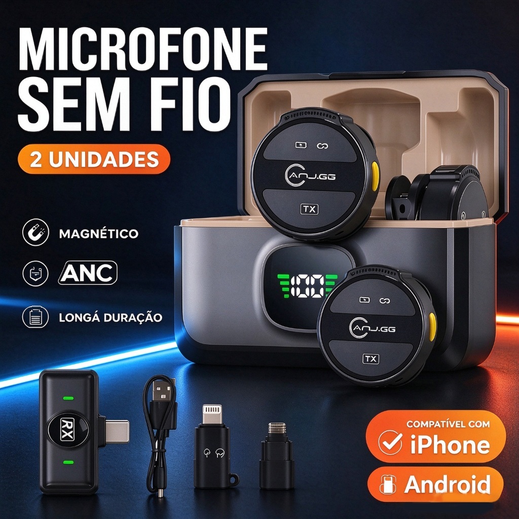 Microfone De Lapela Sem Fio Para iPhone/Android Type-c C/ Cancelamento De Ruído P/ Gravação de vídeo/TikTok/Vlog