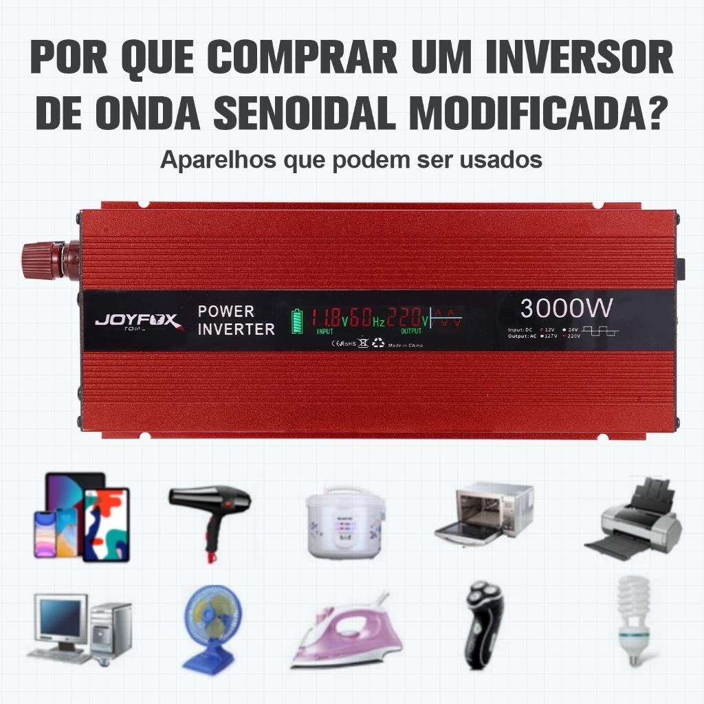 Inversor de Tensão JOYFOX Potência de Pico 6000W 12V para 127V/220V com USB-A, USB-C e Display LCD para Carro · foto 2
