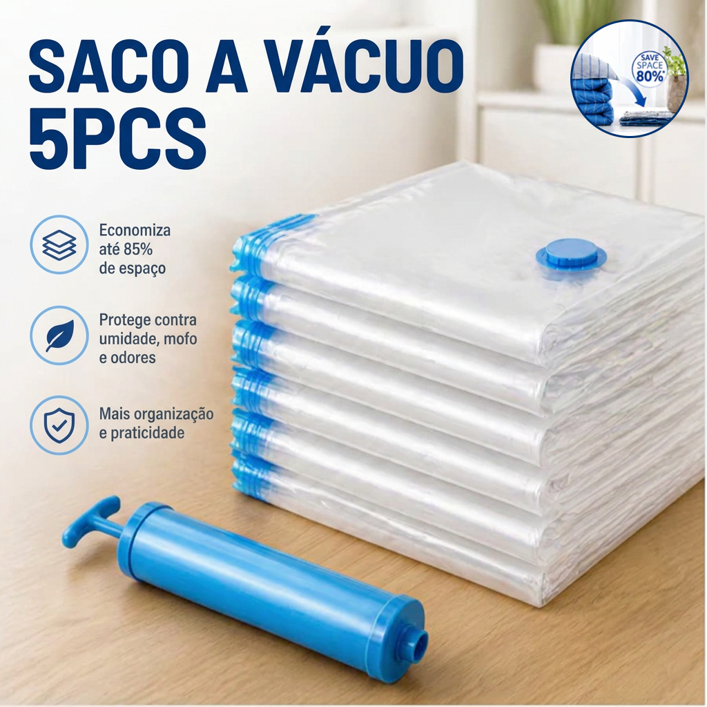 Kit com 5 Sacos a Vácuo para Roupas com ou sem Bomba Manual Organização para Guarda Roupas e Mala de Viagem