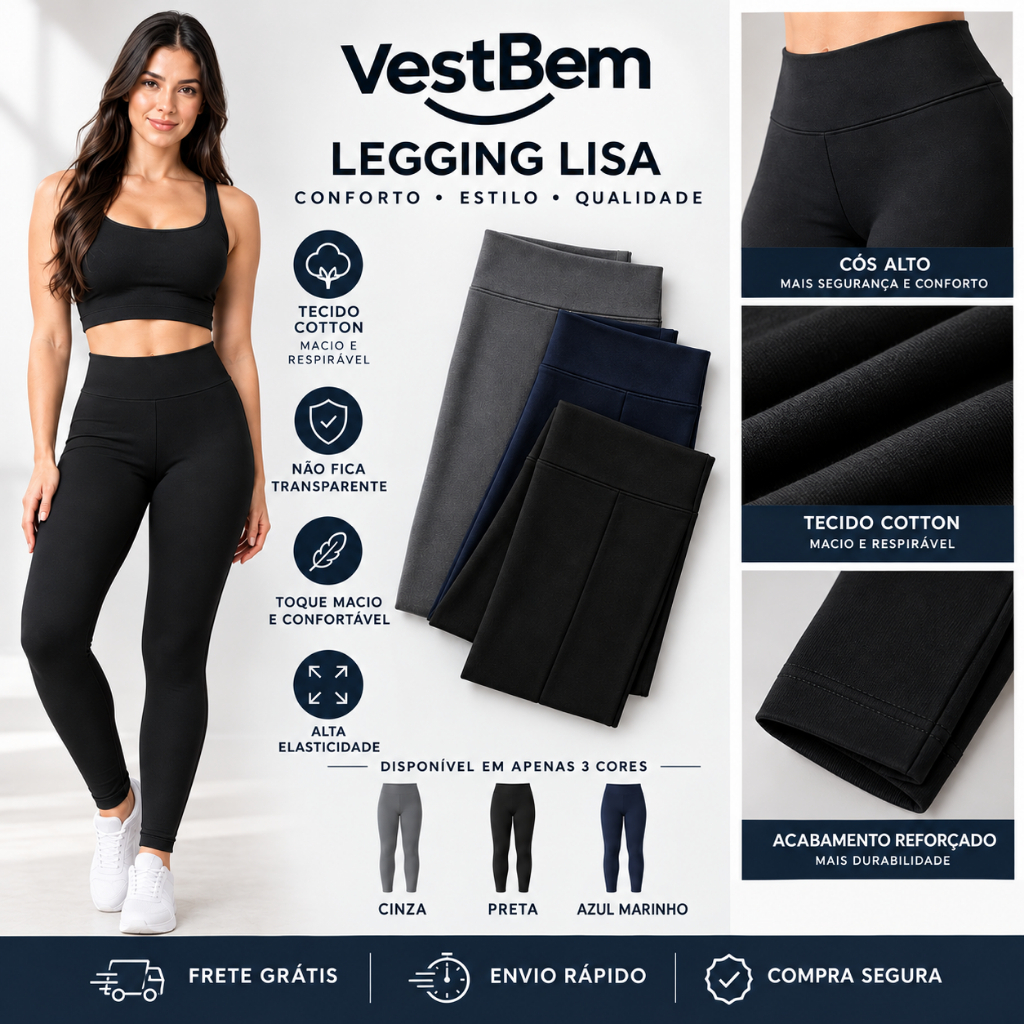 Calça Legging Feminina Lisa Cintura Alta Tecido Cotton Confortável Academia Fitness Não Transparente Envio imediato