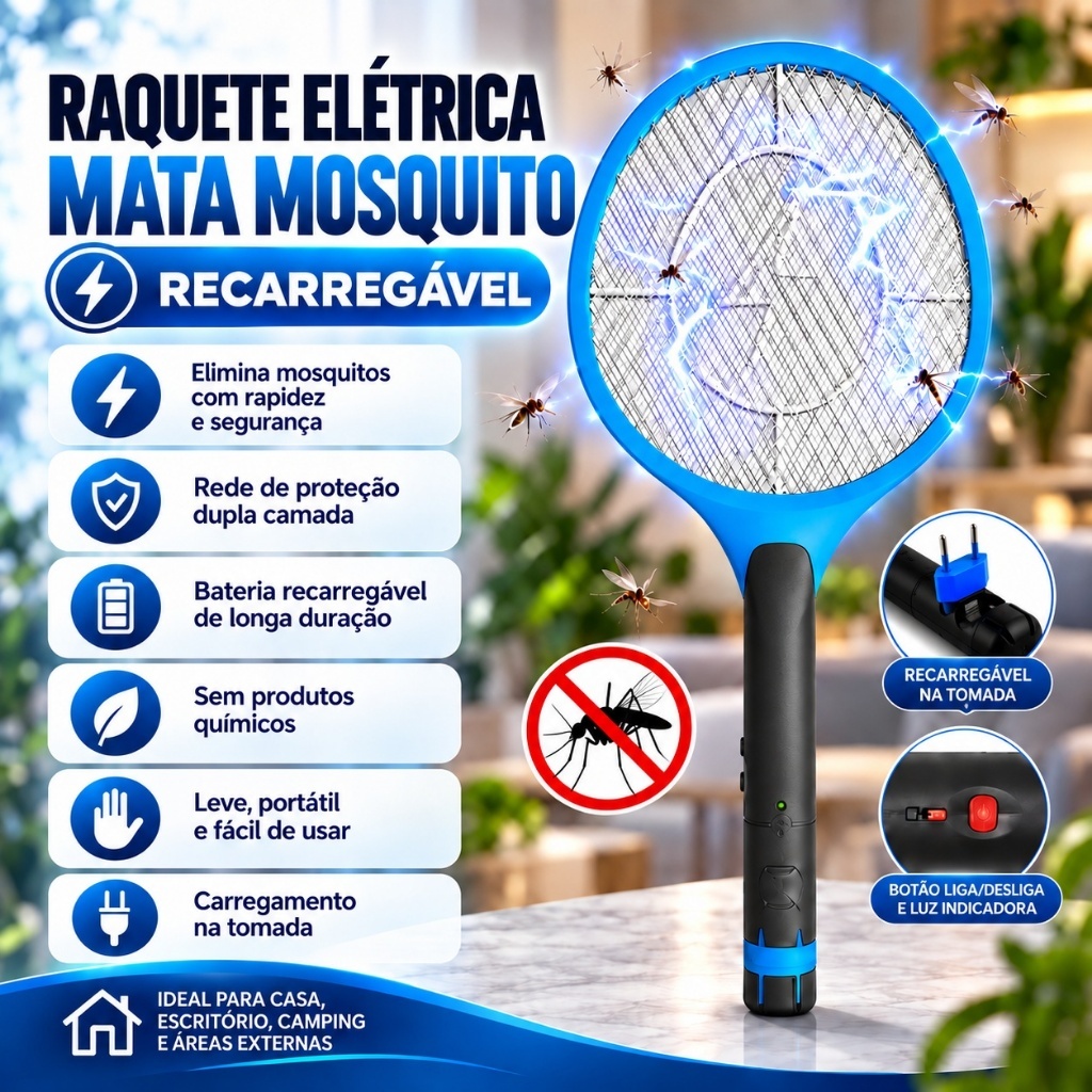 Raquete Elétrica Mata Mosquito Recarregável Bivolt Mata Pernilongo Insetos