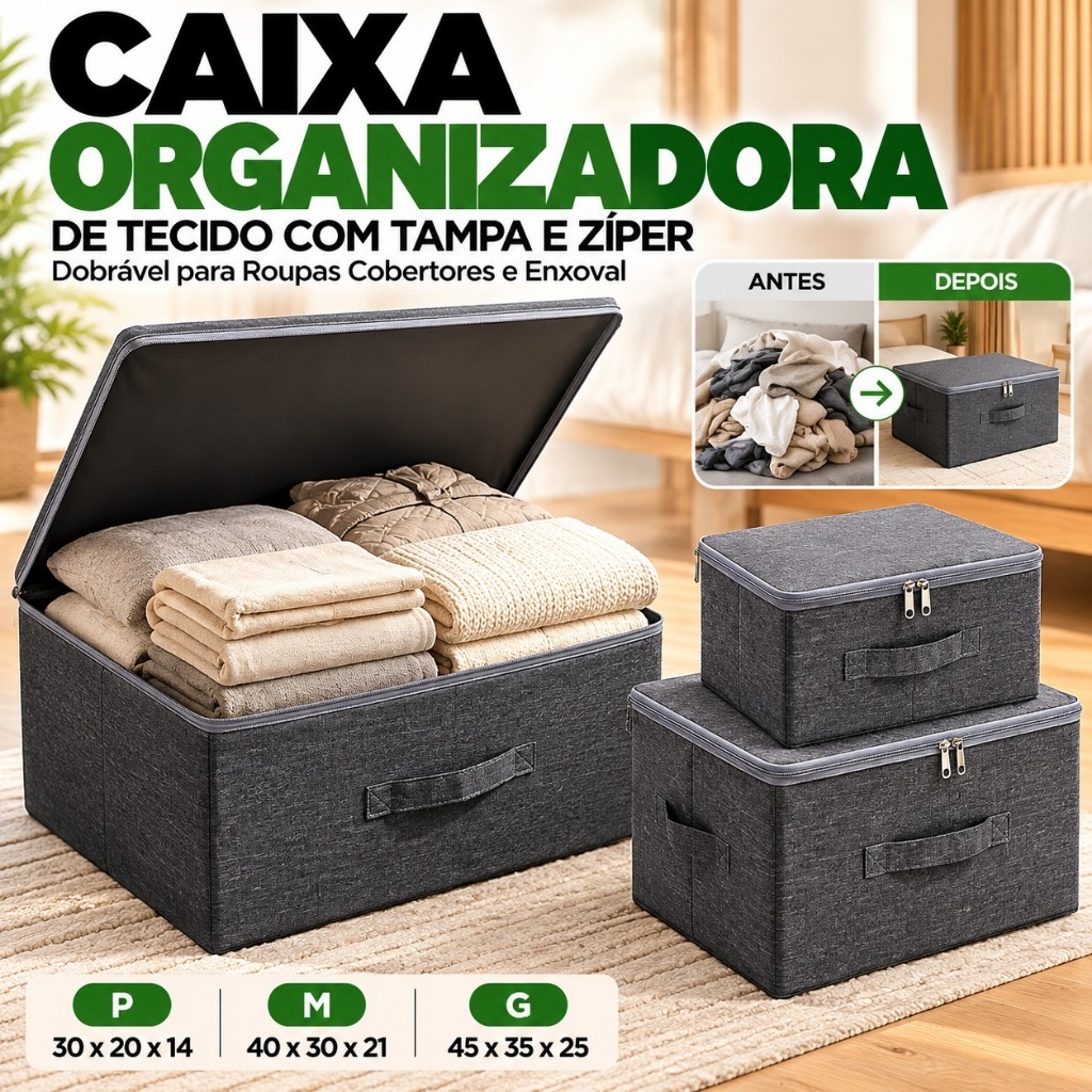 Caixa Organizadora de Tecido com Tampa e Zíper Dobrável para Roupas Cobertores e Enxoval