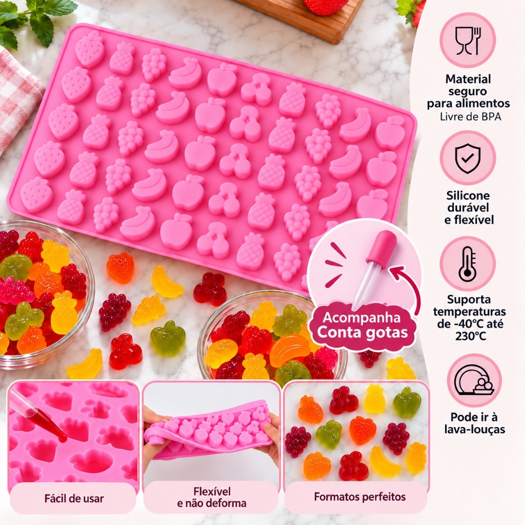 Molde de Silicone para Gummy, Bala de Gelatina, Doces e Chocolate com Conta-Gotas – Formas Variadas