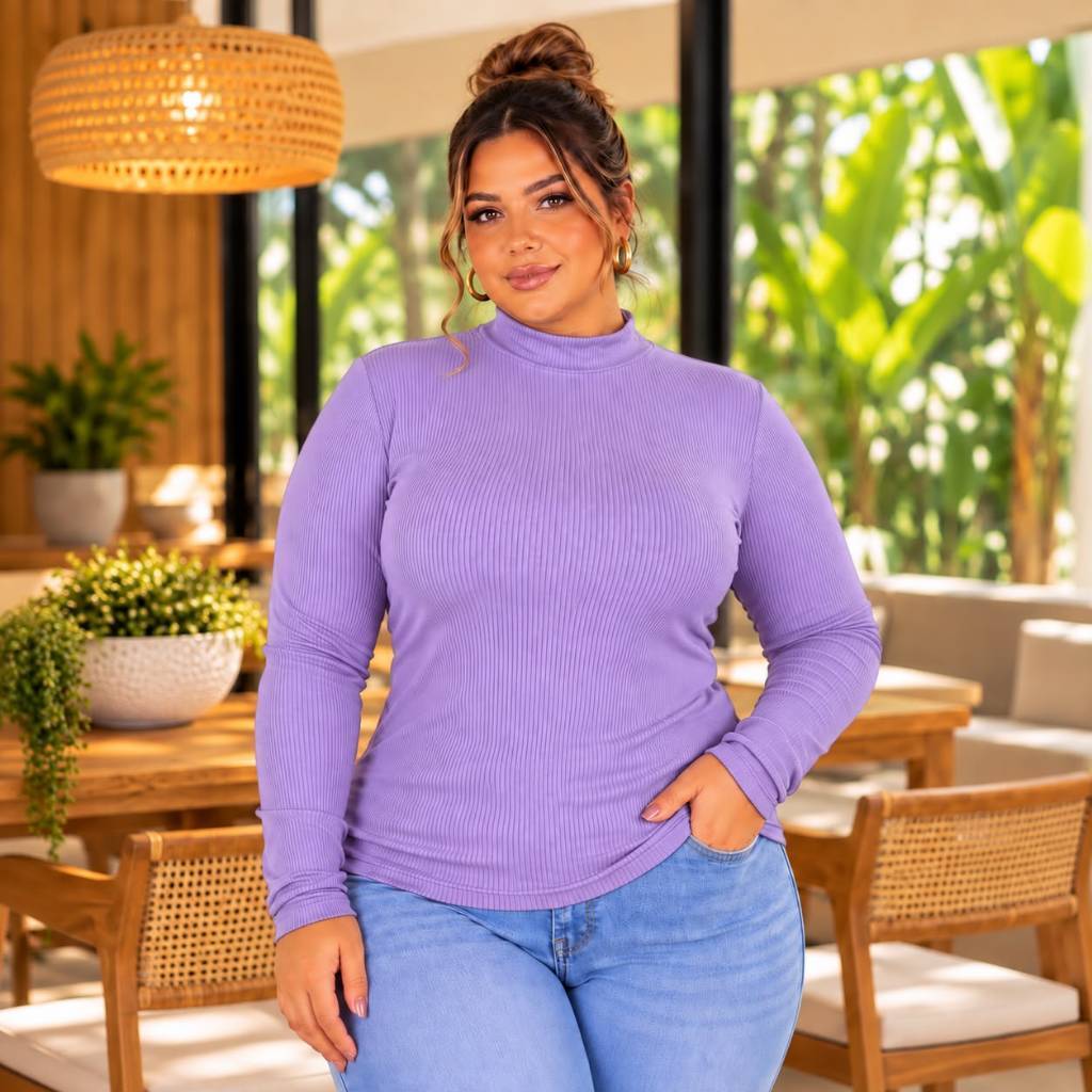 Blusa feminina plus size segunda pele cacharrel manga longa gola alta canelada GG ao G6 meia estação inverno moderno