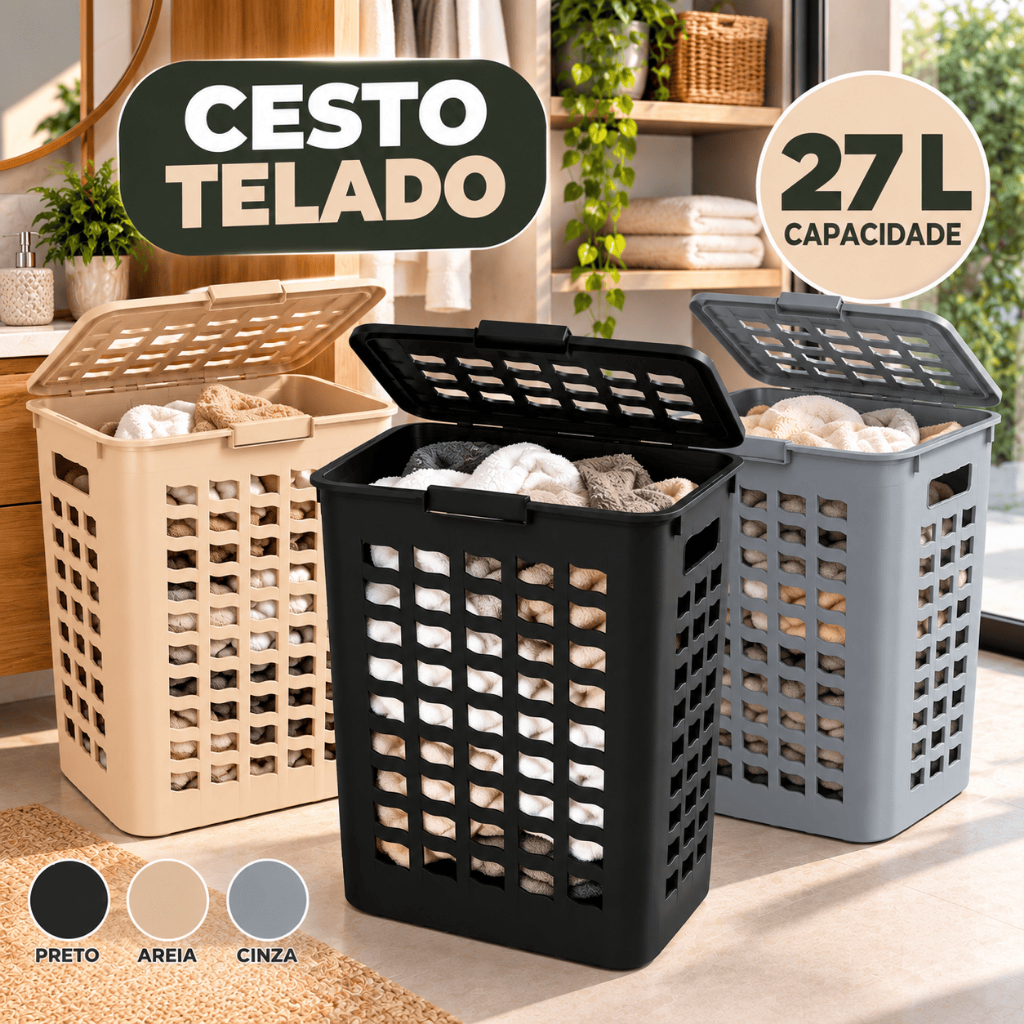Cesto de Roupa Suja 27 Litros com Tampa Rattan para Lavanderia Banheiro Multiuso Gigante Família