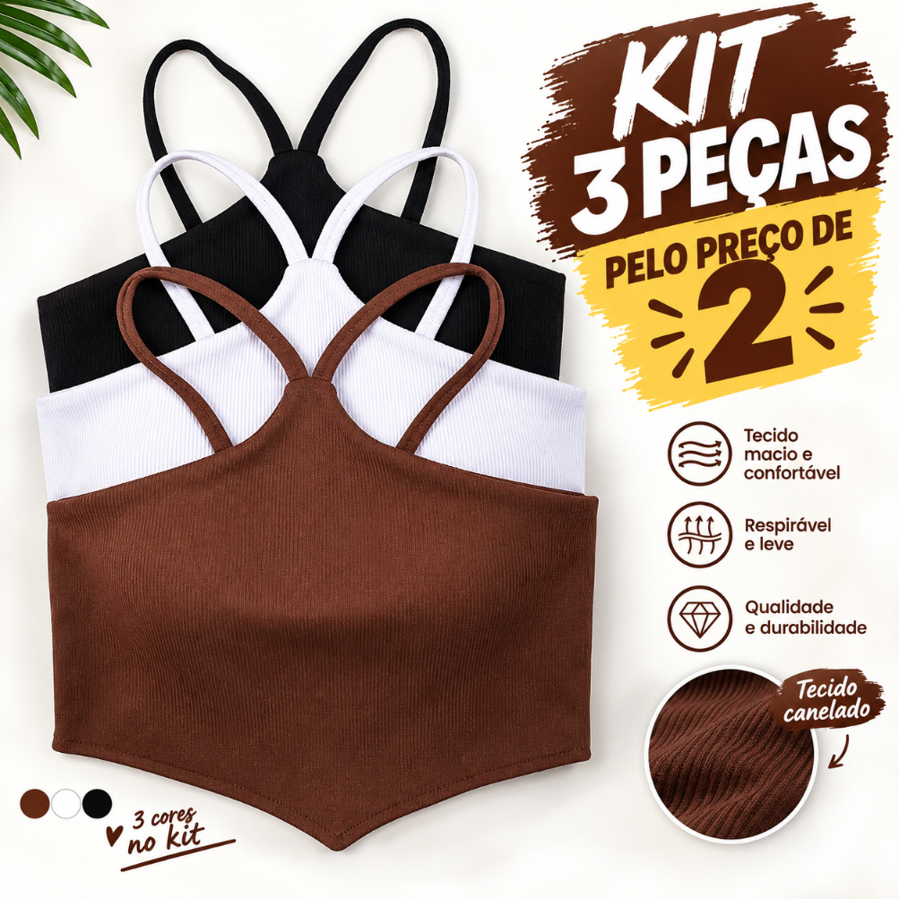 Kit 3 Croppeds Femininos Ribana Canelada Alcinha V com bojo –Confortável e Estiloso