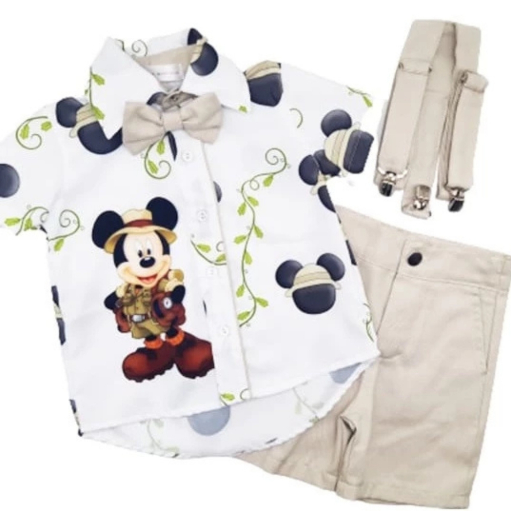 Conjunto Infantil Desenho Personagem Masculino Safari Camisa Estampada Bermuda Suspensório e Gravata