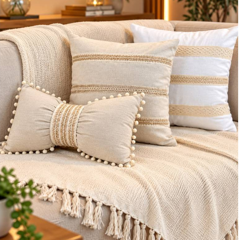 Kit 3 Almofadas Cheias Estilo Boho Chic com Laço – Exclusivo Sofa Cama Posta