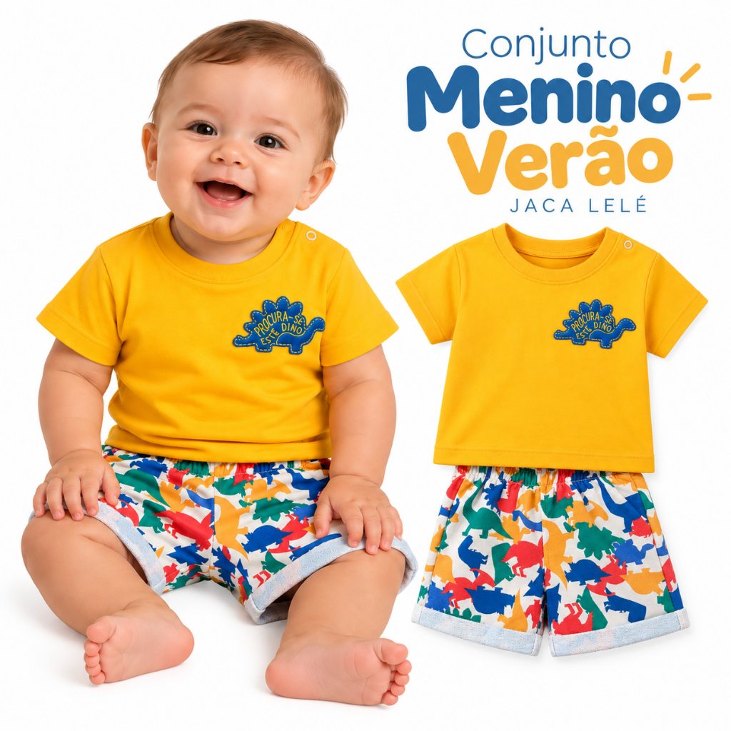 Conjunto Bebê Menino Verão 3 a 6 Meses Camiseta e Short Dinossauro Infantil Algodão Confortável Jaca Lelé TAM.M