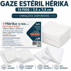 Compressa Gaze Estéril Hidrófila 13 fios 7,5cm Hérika Cirúrgica Curativo para Feridas - Kit 200 | 100 | 50 unidades