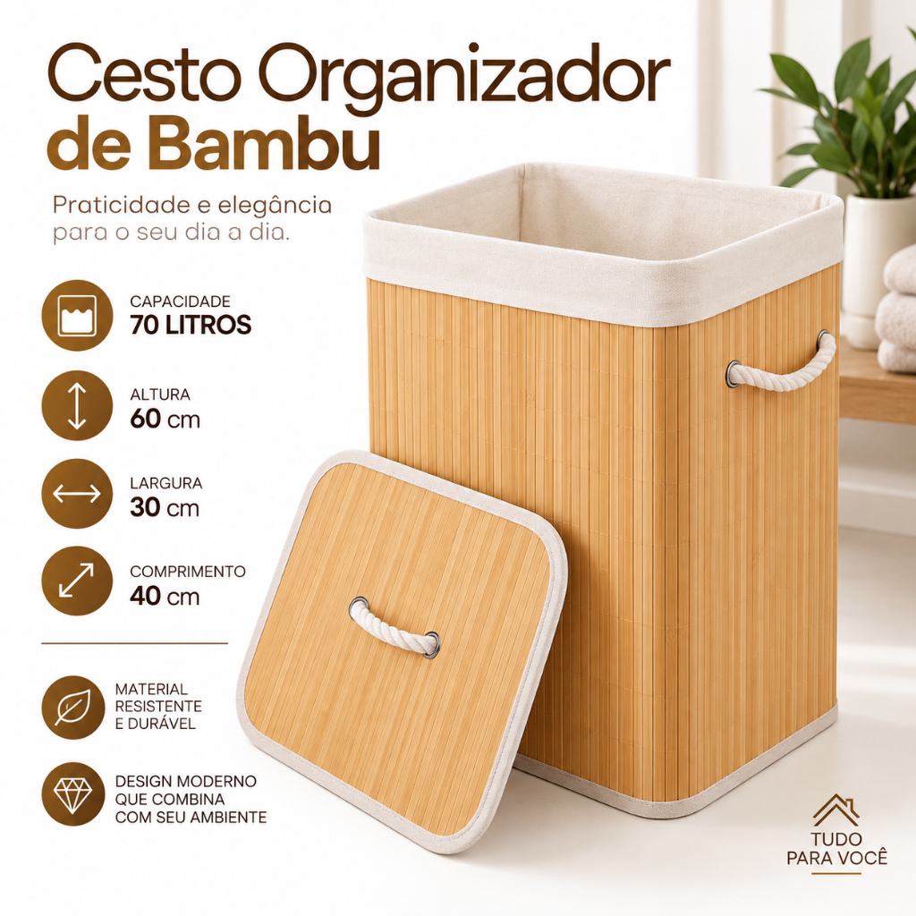 Cesto de Roupas com Tampa e Alça de Bambu 50 Litros Roupa Suja, Lavanderia, Cesto Organizador, Cesto Grande