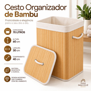 Cesto de Roupas com Tampa e Alça de Bambu 50 Litros Roupa Suja, Lavanderia, Cesto Organizador, Cesto Grande