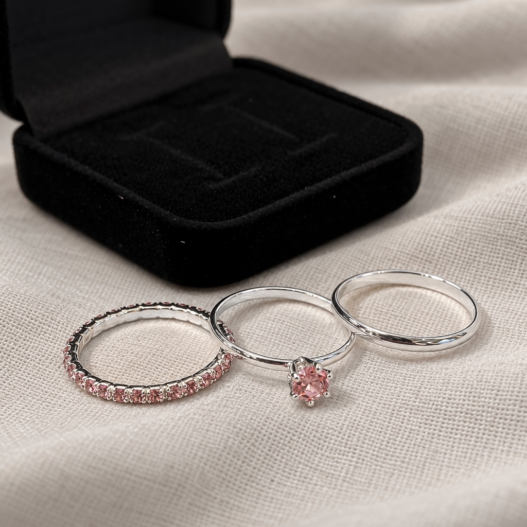 Kit Trio de Anéis com Caixinha + Aliança Unissex + Aparador + Solitário na Cor Rosa Banhado a Prata