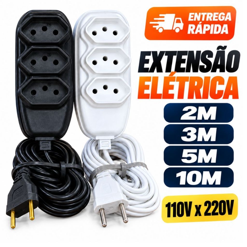 Extensão de Tomada Elétrica 10A 2m 3m 5m 10m Bivolt 110/220V 3 Pinos Preta Branca Reforçada