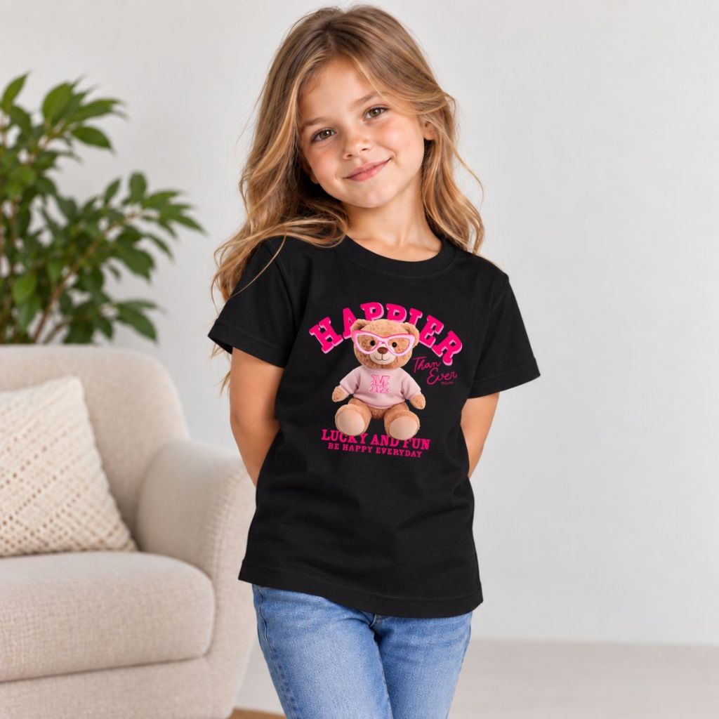 Camiseta Infantil Ursinha Happy Estampada Feminina 100% Algodão Premium Manga Curta Presente