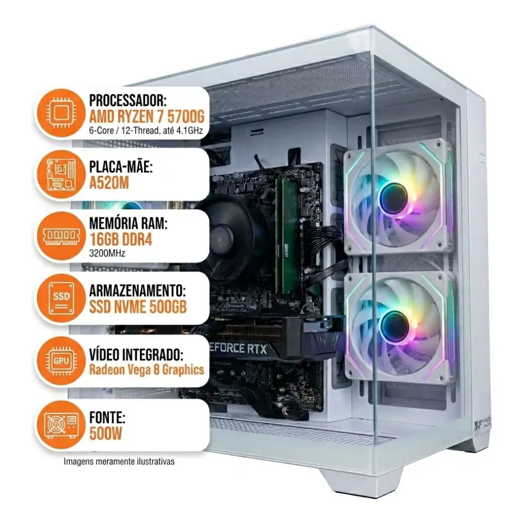 PC Gamer Ryzen 7 5700G 16GB RAM SSD 500GB Radeon Vega 8 Fonte 500W Com 3 Fans