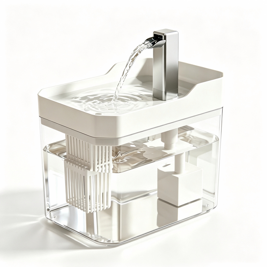 Bebedouro automático para cachorros e gatos com sistema de filtro circulante. Reservatório transparente, tampa branca, á