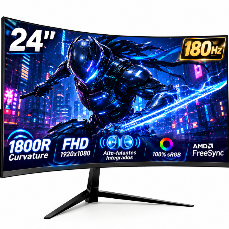Curvo Monitor Gamer 24" IPS Full HD 180Hz 1ms Adaptive Sync Alto-FalanteIntegrado, HDMI/DP, VESA Tela Ultrafina
