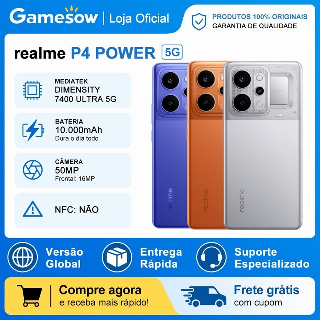 Realme P4 Power 5G, Versão Global, 256/512GB + 8/12GB RAM, Processador Dimensity 7400 Ultra, Bateria 10001mAh