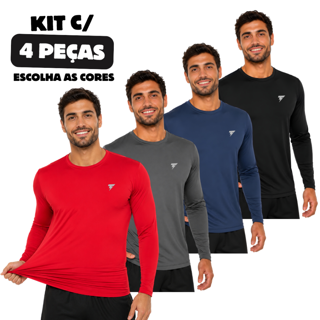 KIT 4 Camisa Térmica Proteção UV 50+ Camiseta Segunda Pele Malha fria Dry Fit Treino Academia