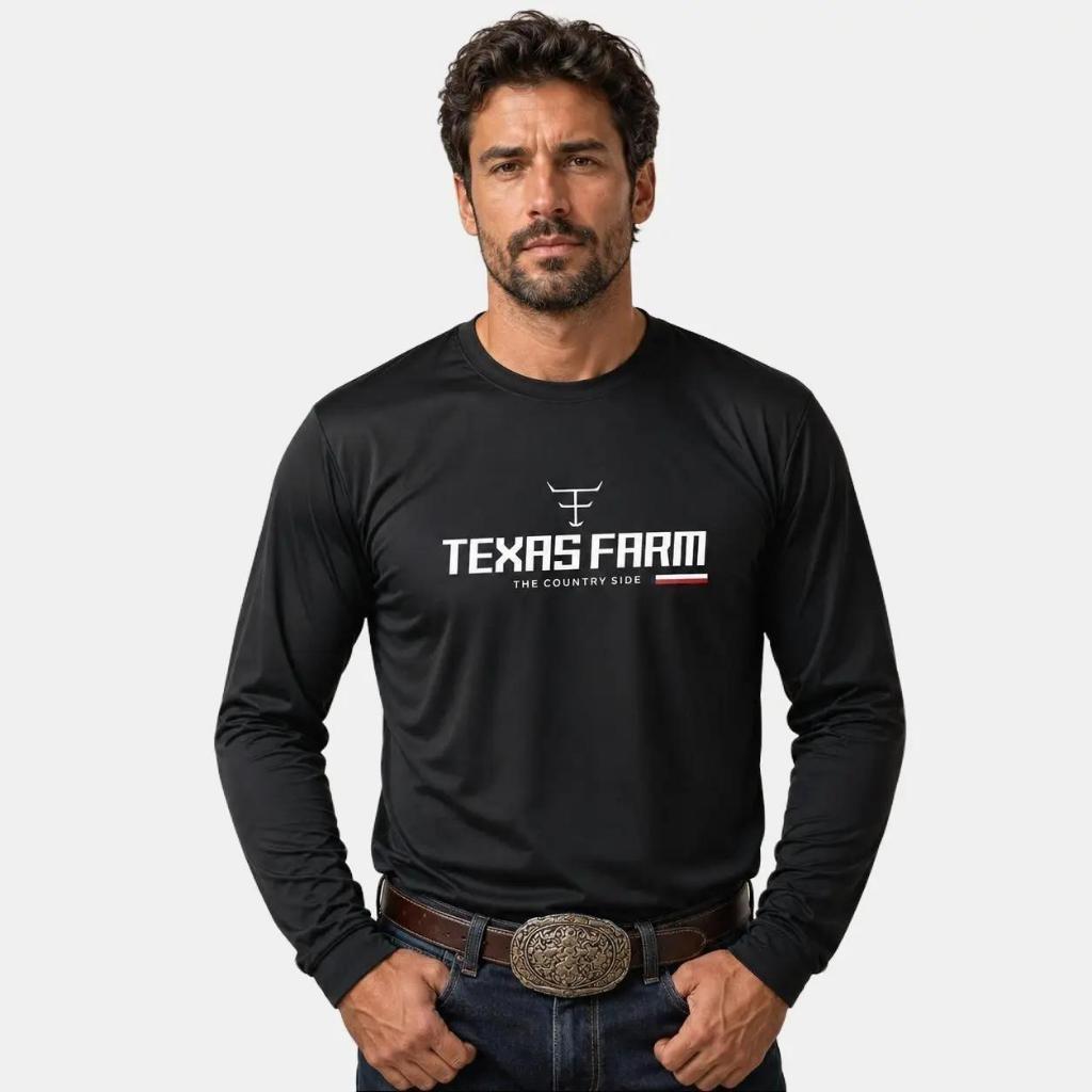 Camiseta Camisa Texas Farm Masculina Manga Agro Longa Country Blusa Proteção UV +50 T-shirt Rodeio