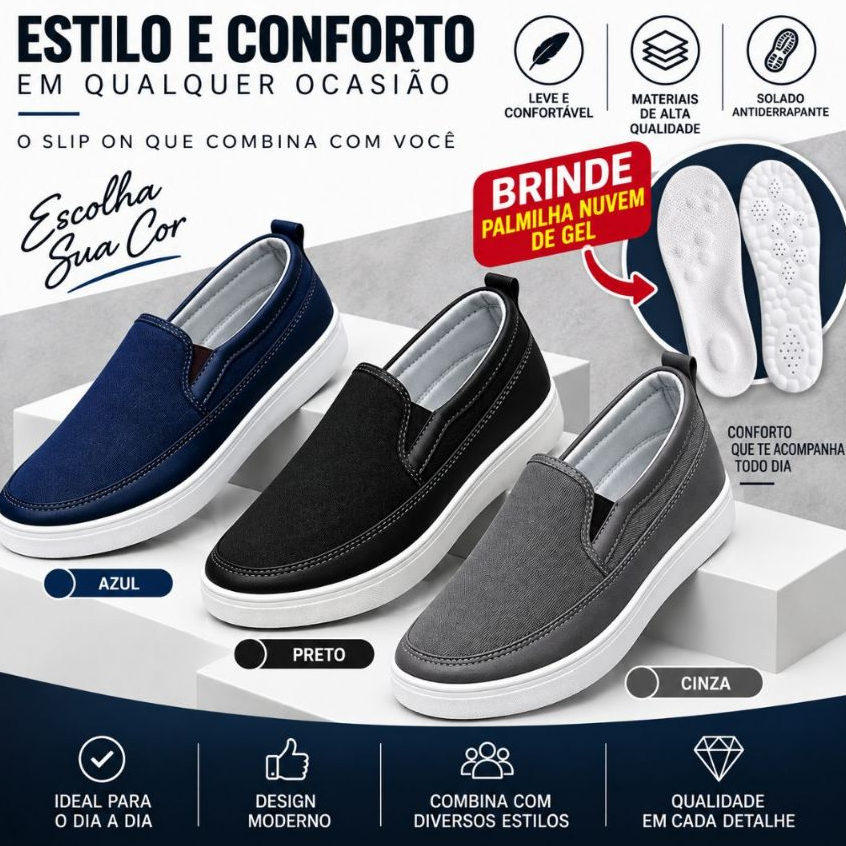Tênis Sapatênis Slip On Casual Iate Unissex Super Confortável Pro Dia Dia + Palmilha De Gel