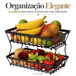 Fruteira de Bancada 2 Andares em Metal Preta Organizador para Frutas e Legumes 31x29,5x20,5cm