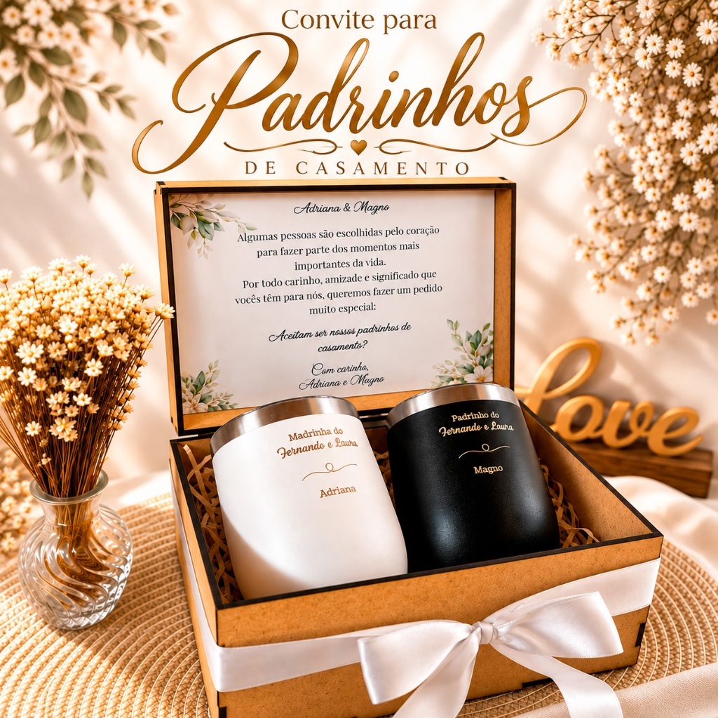 Kit Convite Personalizado Padrinhos de Casamento com Copos Térmicos, Caixa MDF e Nossa Senhora