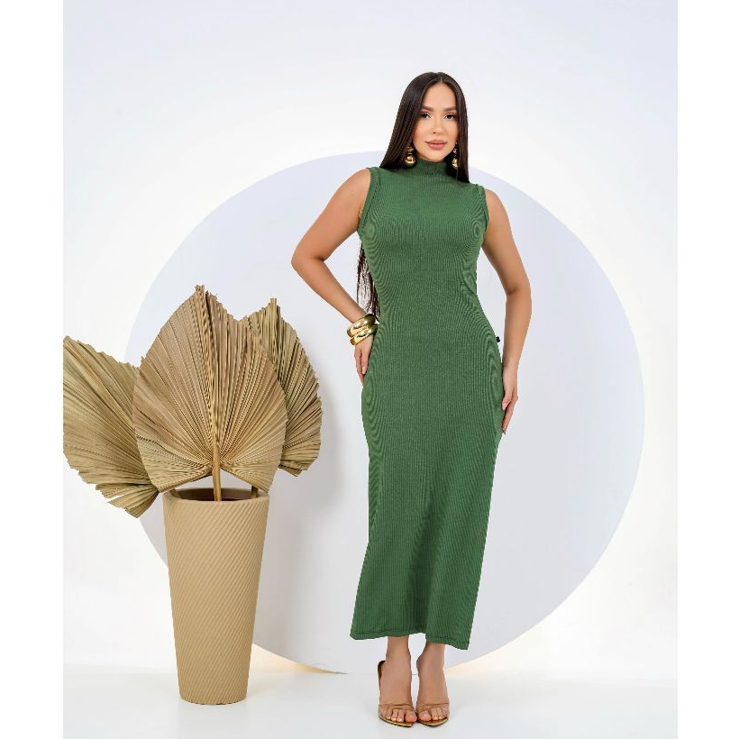 Vestido Feminino Midi Canelado Premium Elegante Gola Alta Confortável Versátil
