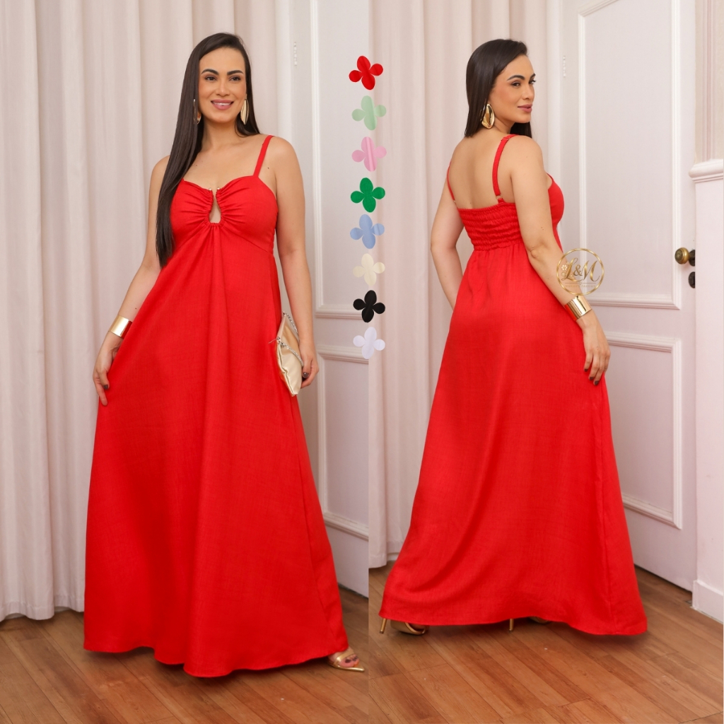VESTIDO FEMININO LONGO DE ALÇA LASTEX SAIA LONGO VERÃO M-G-GG